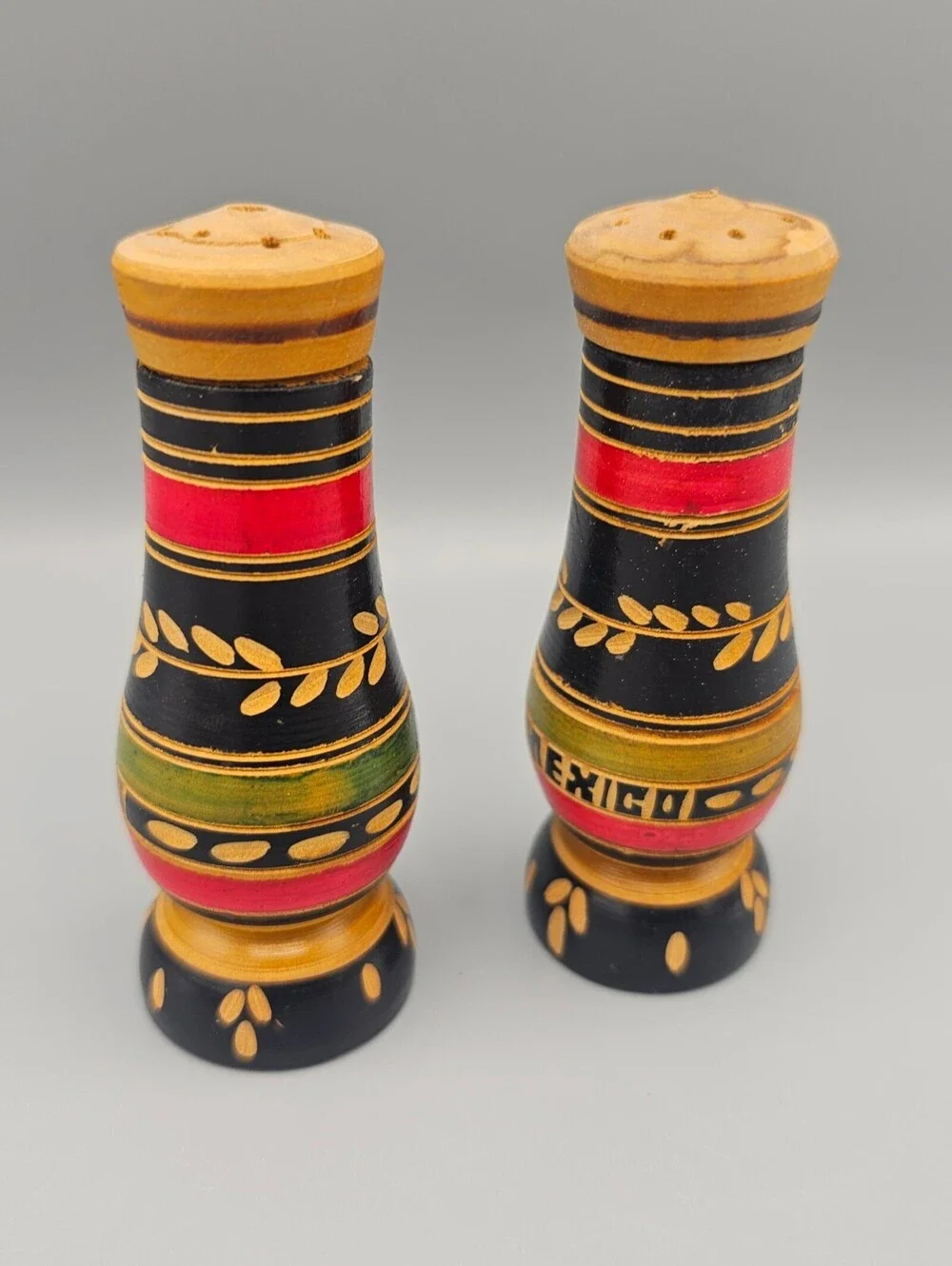 Hand Painted Wooden Salt and Pepper Shakers from Mexico